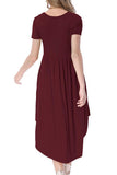 Burgundy Short Sleeve High Low Pleated Casual Swing Dress