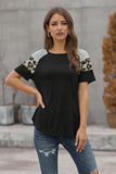 Black Striped Leopard Print Short Sleeve T-shirt