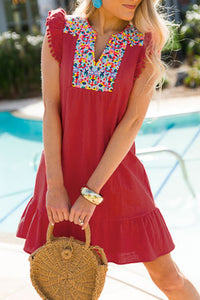 Red Boho Print Pompom Sleeve Shift Dress