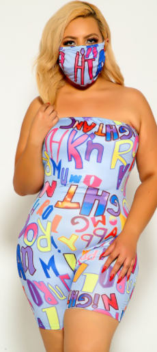 Retro Letter Print Plus Size One Piece Sleeveless Romper With Mask