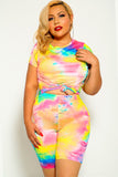 Fuchsia Yellow and Tie Dye Plus Size Two Piece Outfit