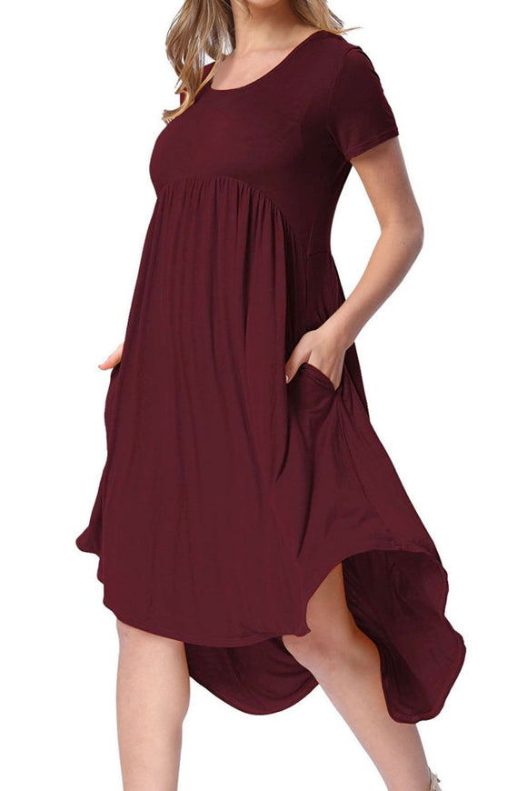 Burgundy Short Sleeve High Low Pleated Casual Swing Dress