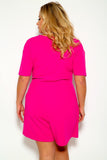 Fuchsia Short Sleeve Draped Plus Size Dressy Romper