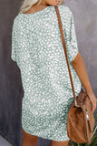 Green V-Neck Half Sleeve Leopard Casual T Shirt Dress with Pockets