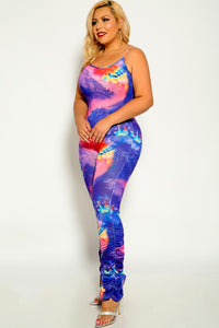 Cute spandex spring and summer trend fuchsia purple ruched Sleeveless plus size jumpsuit. 