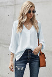 White V Neck 3/4 Sleeve High Low Hem Shirt