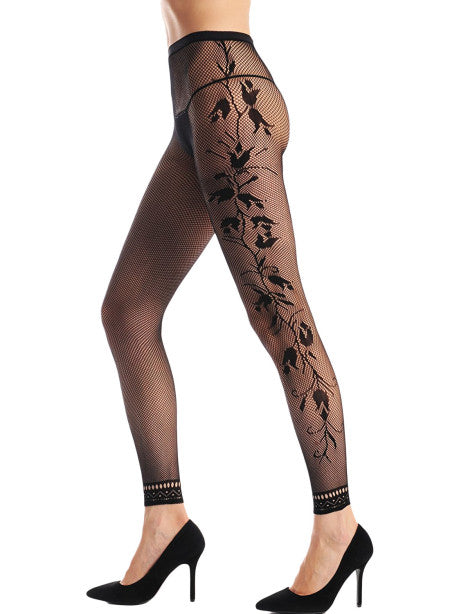 Black Fishnet Footless Panty Hose with Floral Detail