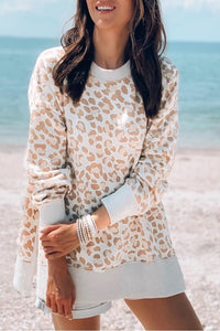 Leopard Print Loose Fit Side Slit Sweatshirt