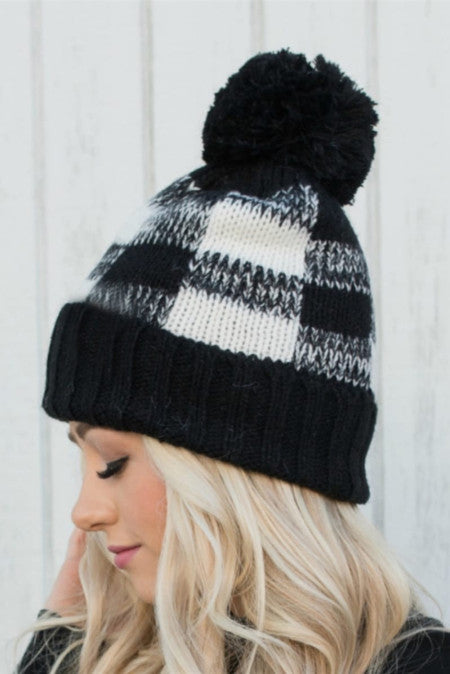 Black and White Buffalo Plaid Beanie with Pom