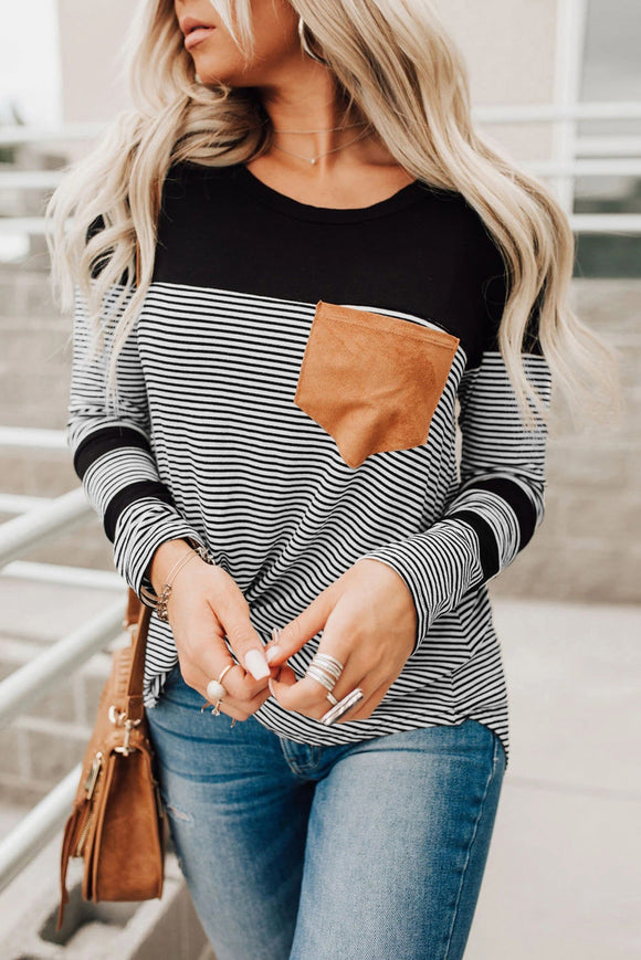 Black Pinstripe Patch Pocket Top