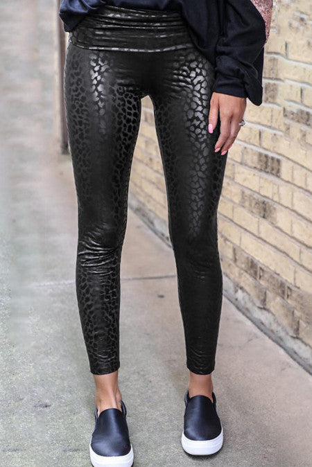 Black Shiny Leopard Textured Leggings