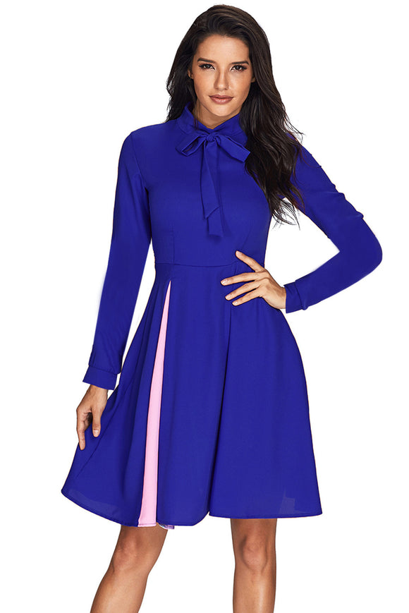 Long Sleeve Tie Neck Royal Blue Dress