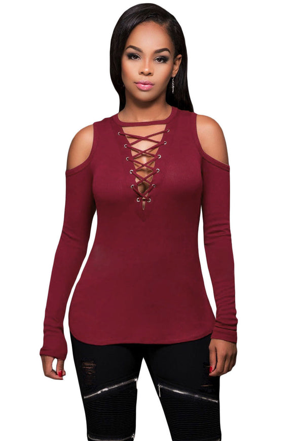 Burgundy Long Sleeve Cold-Shoulder Ribbed Top