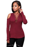 Burgundy Long Sleeve Cold-Shoulder Ribbed Top