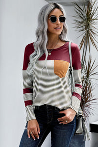 Wine Color Striped Patch Pocket Top