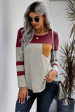 Wine Color Striped Patch Pocket Top