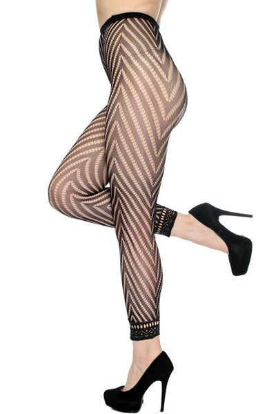 Black Fishnet Footless Panty Hose with Chevron Detail