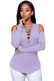 Purple Long Sleeve Cold-Shoulder Ribbed Top