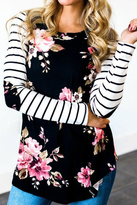 Floral Striped Elbow Patch Long Sleeve Top