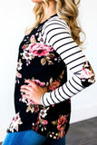 Floral Striped Elbow Patch Long Sleeve Top