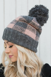 Gray Buffalo Plaid Beanie with Pom