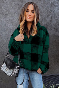 Green and Black Checkered Half-Zip Pullover