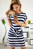 Navy Stripes Pocketed T-shirt Dress with Belt