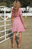 Pink Dotted Print Wrap V Neck Ruffled Mini Dress