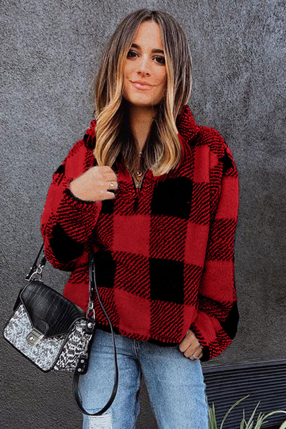 Red and Black Checkered Half-Zip Pullover