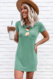 Green Crew Neck Short Sleeve Pocket Casual Mini Dress