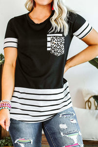 Black Striped Detail T-shirt with Patch Pocket