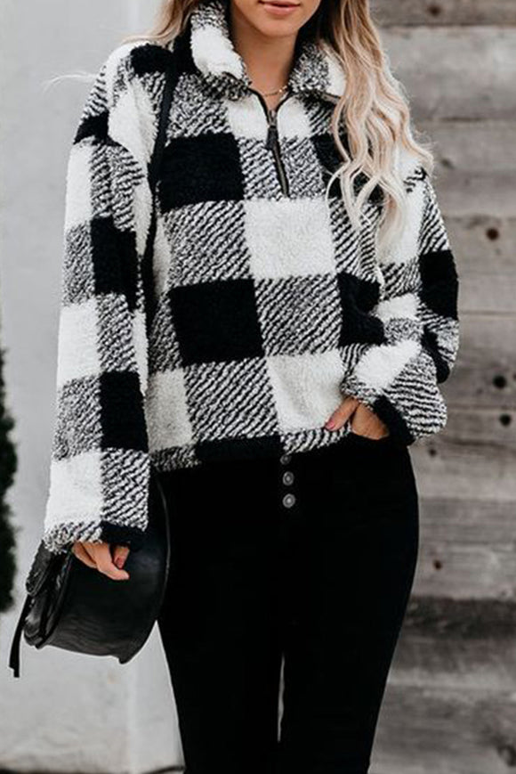 White and Black Checkered Half-Zip Pullover